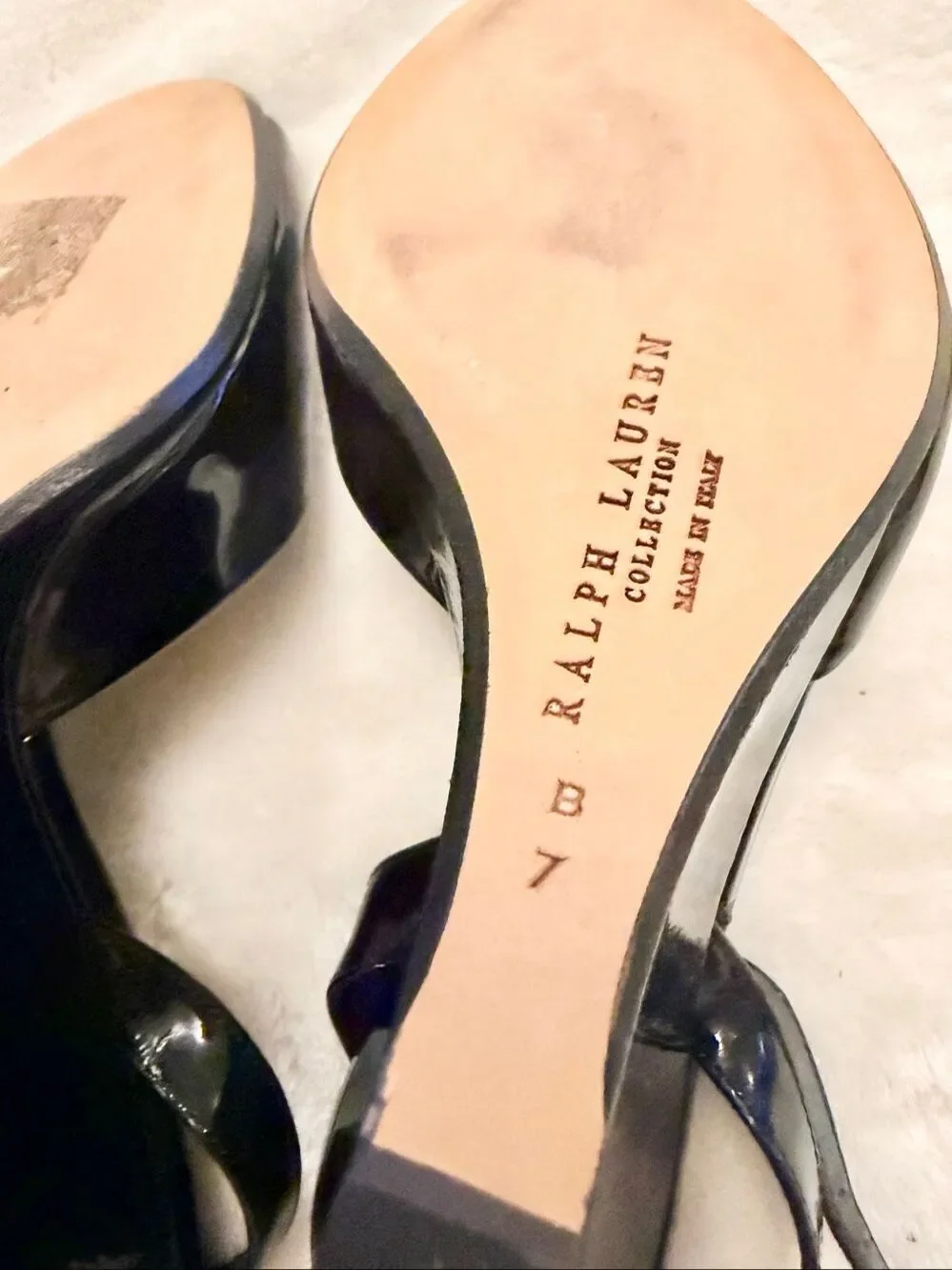 Ralph Lauren Collection Black Patent Leather Wedge Peep Toe Heels Size 7
